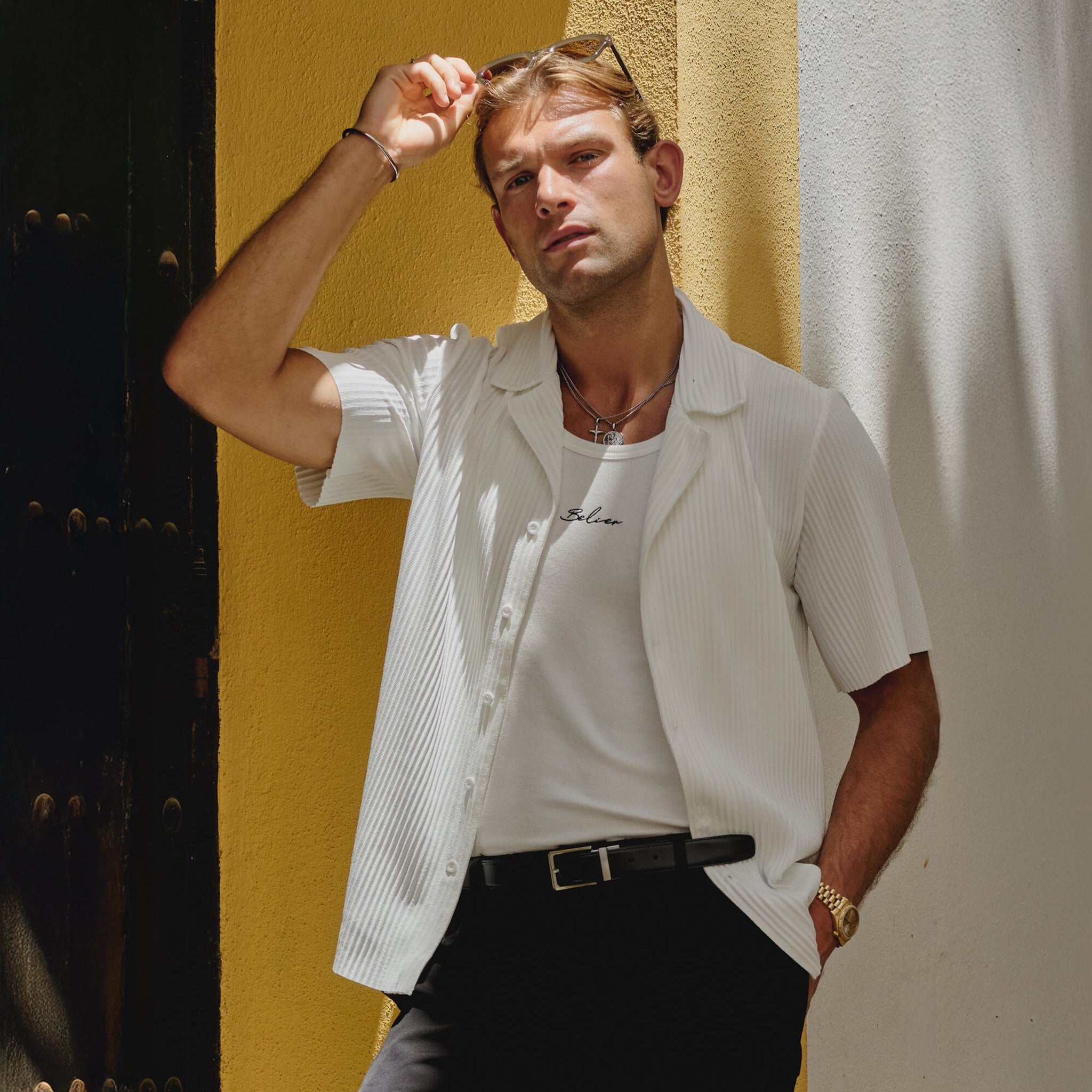 Front View of Belier Pleated Resort S/S White Shirt